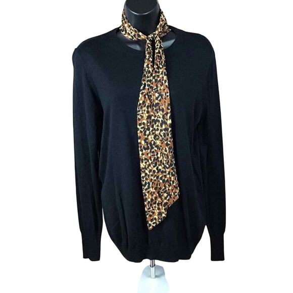 14th & Union Womens Medium Black Sweater Leopard Print Tie Neck Career Pullover - Picture 3 of 12